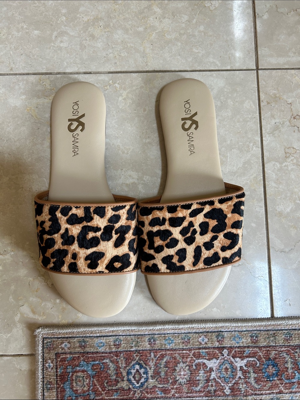 Yosi Samra Leopard Slide Sandals - Tan and Black